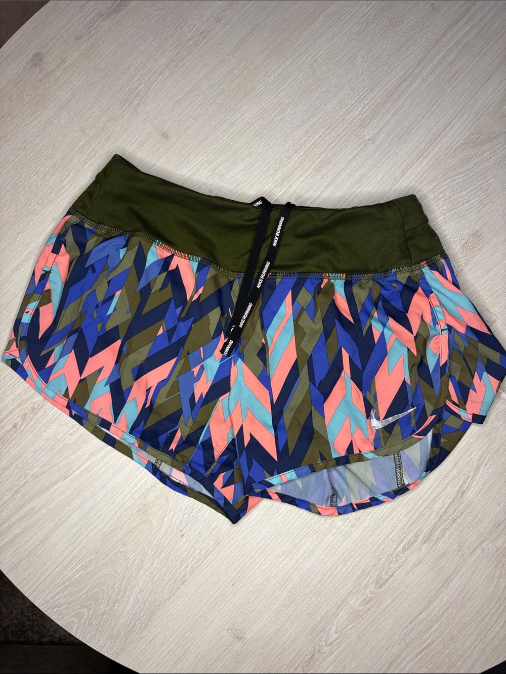 Nike Women's Multi-Color Geometric Athletic Shorts with Olive Waistband